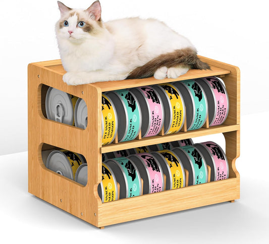Teamkio Can Organizer for Pantry, Bamboo Pantry Organizer, 2 Tier Stackable Can Storage Rack Ideal for 36 Human and Pet Food Cans(FIFO)