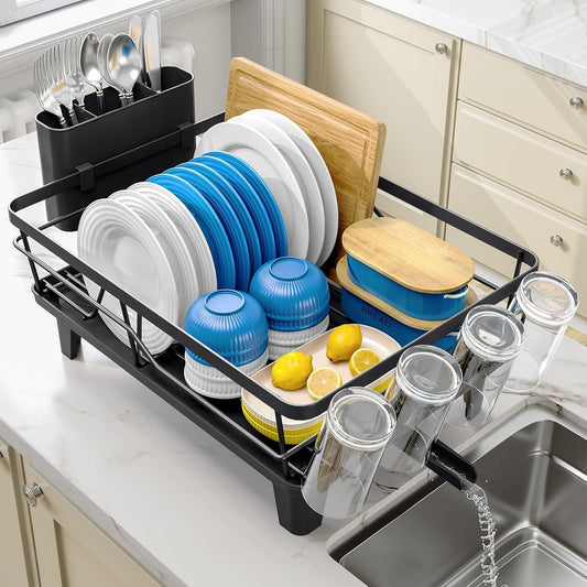Dish Drainers for Kitchen Counter - Large Capacity Dish Drying Rack with Drainboard, Rustproof & Sturdy Design, Black Dish Rack Perfect for Plates, Cups & Kitchen Countertop Organization