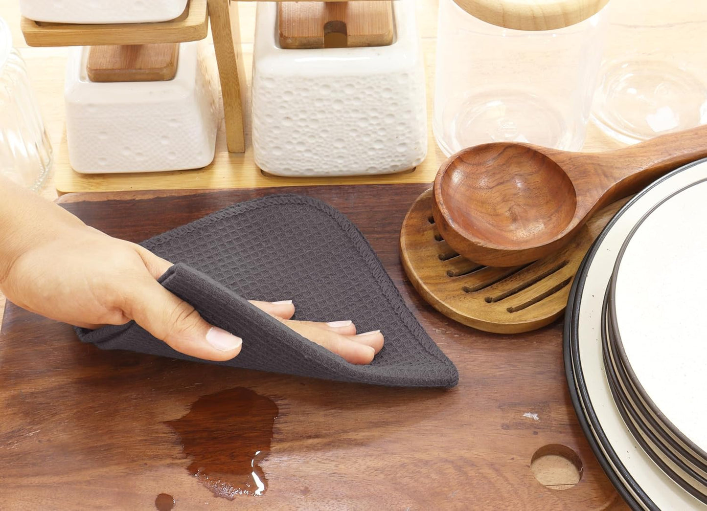 PurpleEssences Dish Cloths and Dish Rags - 8 Pack Waffle Weave Solid Kitchen Dish Wash Cloths, 100% Cotton, 12 x 12 Inches, Ultra Soft Absorbent Quick Drying - Spring Summer - Dark Grey