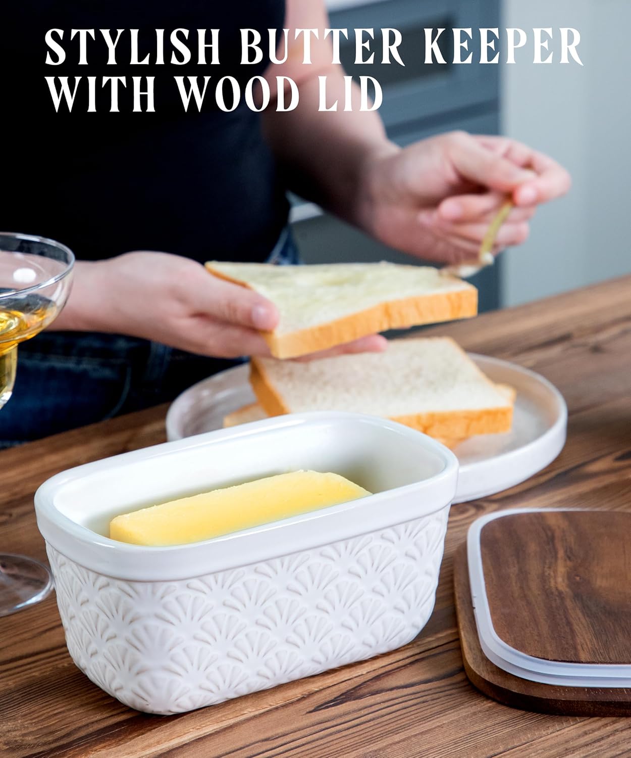 Nucookery Ceramic Butter Dish, Embossed Butter Keeper with Wood Lid for Countertop, Butter Holder and Container with Double Silicone Seal (Fan Pattern)