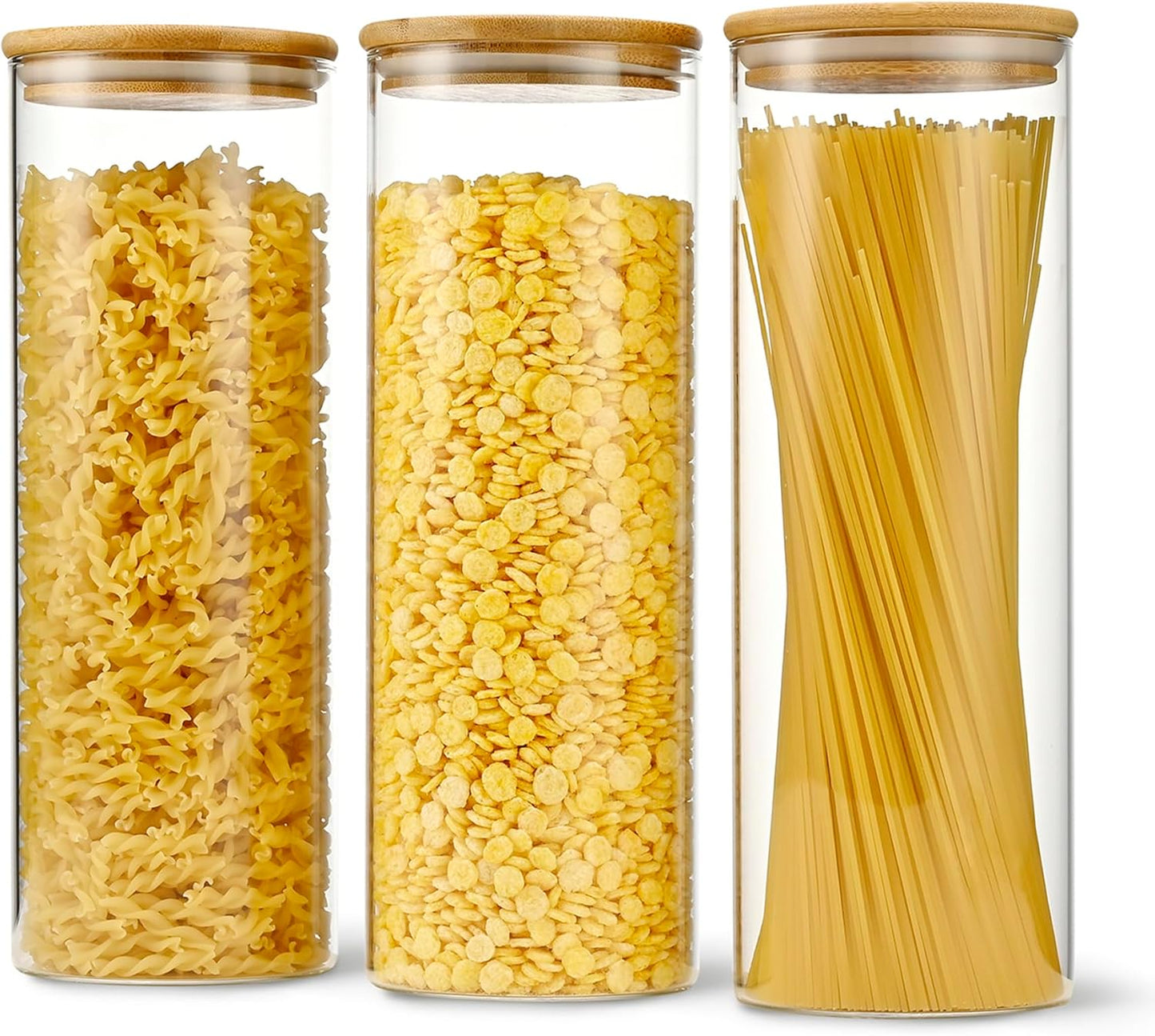70oz Straight cylindrical Airtight Storage Jars with Bamboo Lid Set of 3 Storage Container Glass Jars, Kitchen Canister for Noodles, Pasta and Coffee beans (‎with Black Lable)