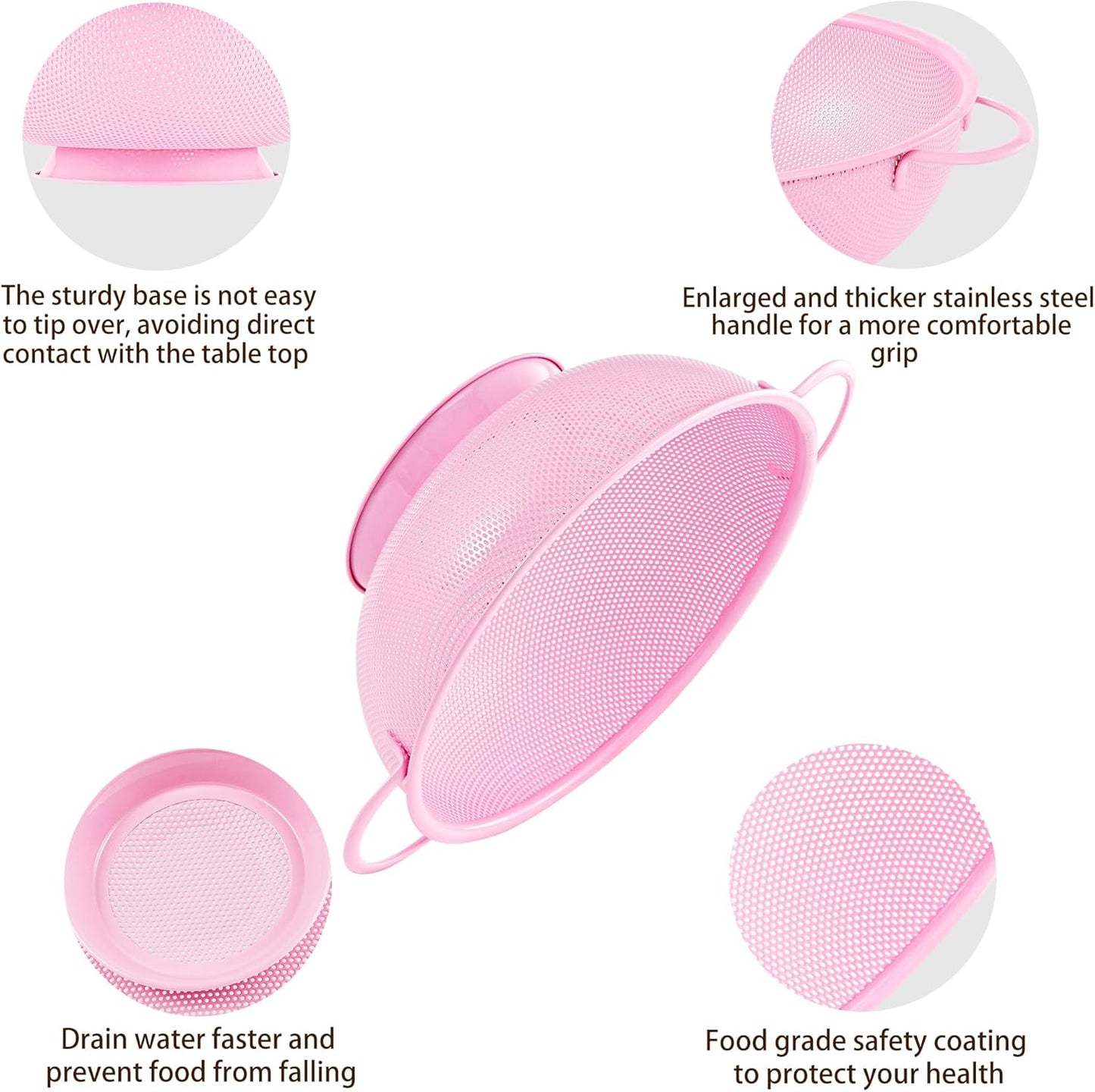 Stainless Steel Colander 3 Piece,Metal Strainer Basket with Solid Base and Handles for Kitchen Food,Pasta, Noodles, Vegetables and Fruits,Powder Coated,BPA Free,Dishwasher Safe,2 & 3 & 4.5 Qt (Pink)