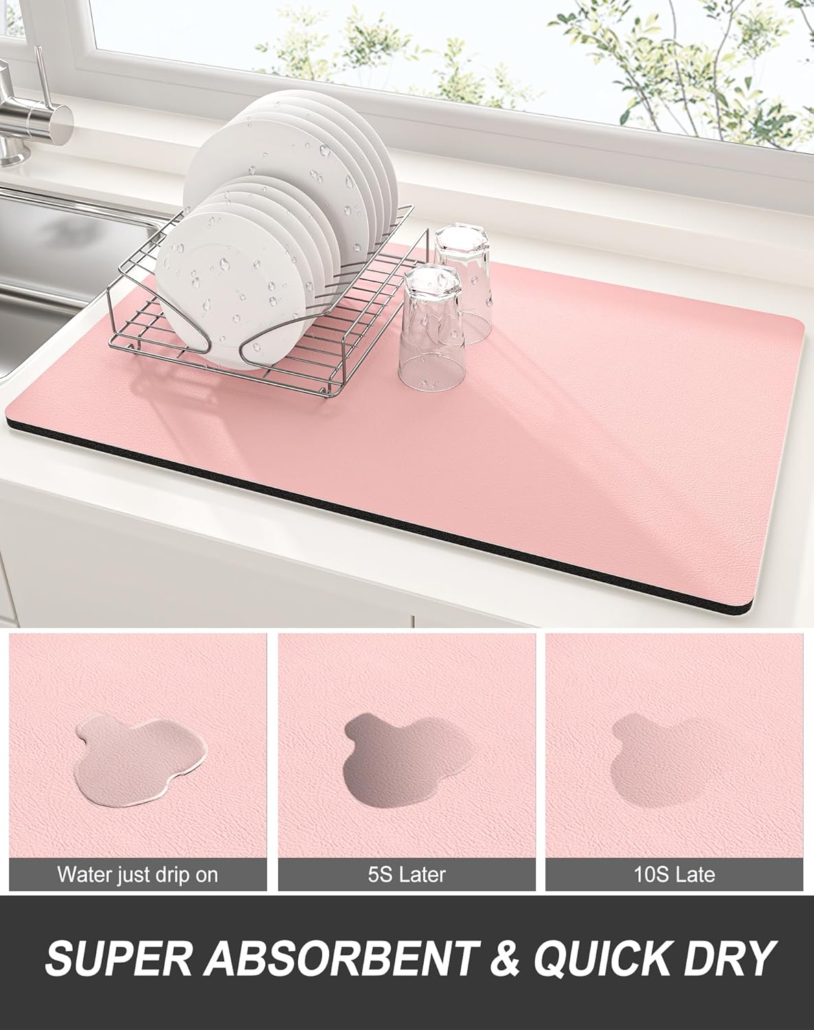 Rnivvi Dish Drying Mat for Kitchen Counter, XL 15 x 24" Super Absorbent Drainer Pad Easy Clean Dish Rack Pad, Non-Slip Heat Resistant Coffee Bar Mat for Coffee Machine Station Accessories Decor, Pink