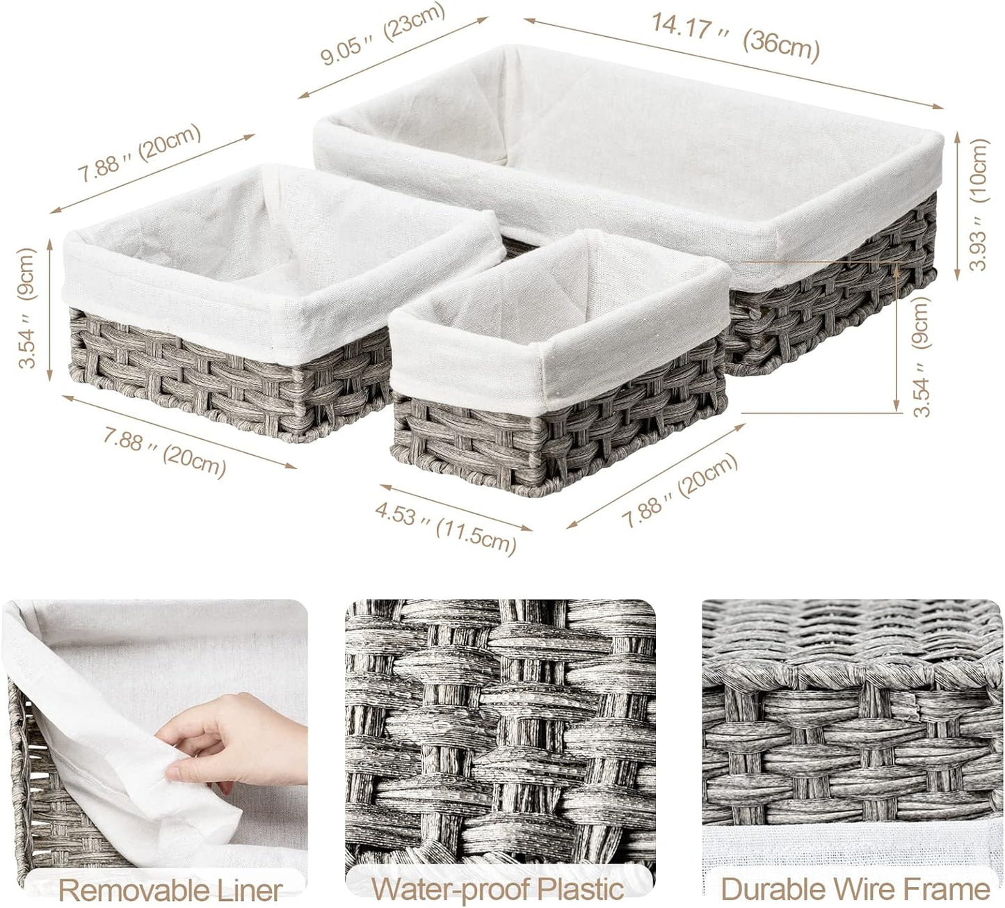 FairyHaus Wicker Baskets for Organizing 3 Pack, Waterproof Small Wicker Storage Basket for Shelves Rectangle, Nesting Lined Grey Plastic Woven Basket