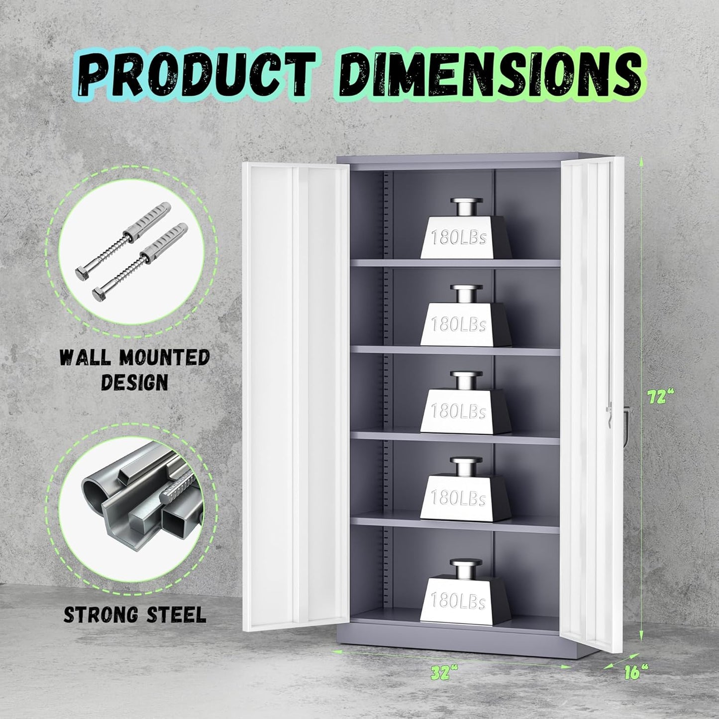 INTERGREAT Storage Cabinet, 72” Steel Locking Closet with Doors and 4 Adjustable Shelves, Tool Unit for Home Office, Garage & Tall Lockable File Cabinet, Grey White.
