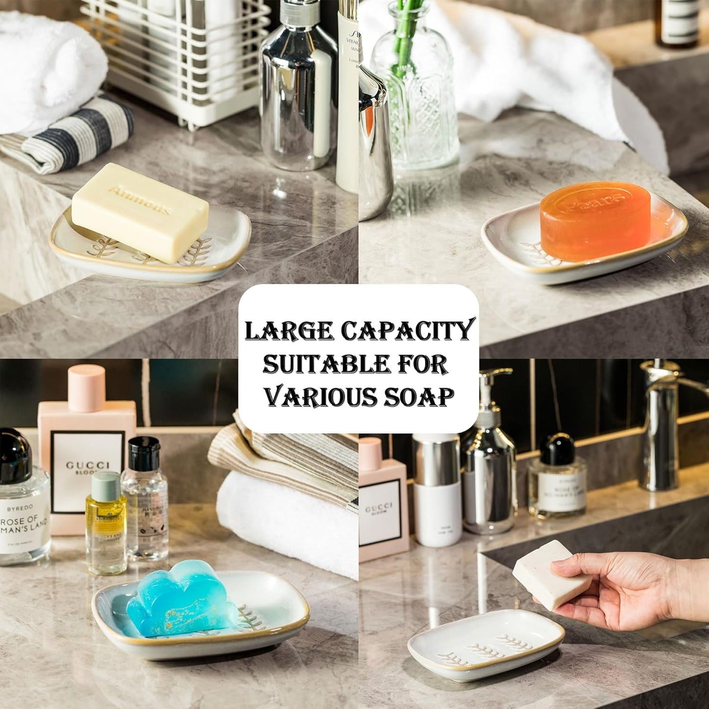 Soap Dish Bar Cleaner Dish for Shower, Ceramic Soap Dishes for Bar Shampoo or Sponge, Shower Soap Dish Soap Saver Tray for Bathroom Kitchen Sink, Easy to Clean