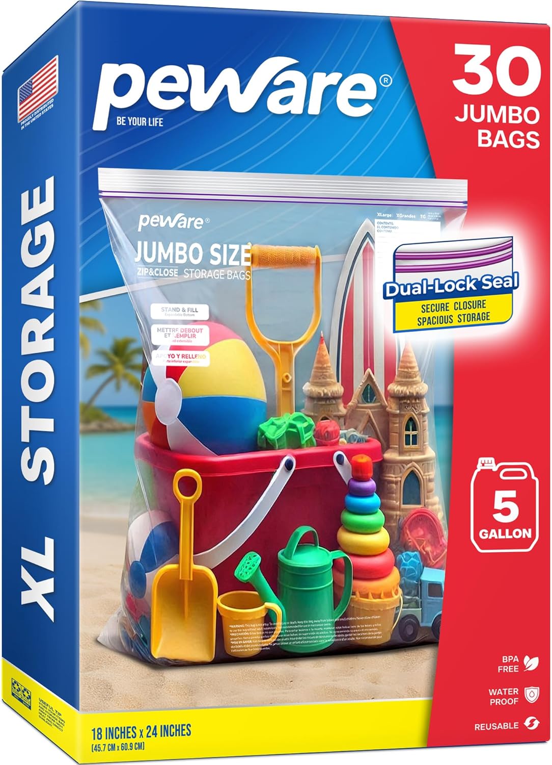 Large Storage Bags, 18"x24" Jumbo Plastic Bag, BPA Free, 5 Gallon XL Zipper Lock Baggies for Clothes Pillow Travel Moving - 30 Jumbo Bags