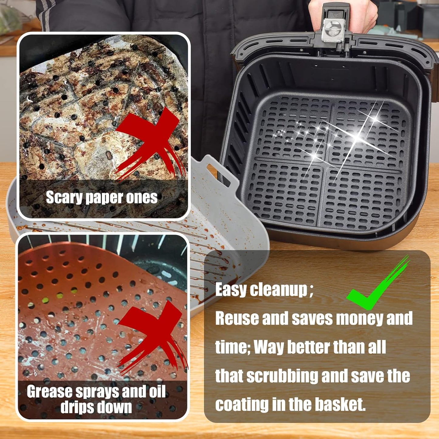 Silicone Liners Square for Air Fryer, 2 Pcs Non-stick Food-grade Reusable Basket Silicone Pot Baking Tray Airfryer Accessories, Top Size 10 inches, Bottom Size 9 inches