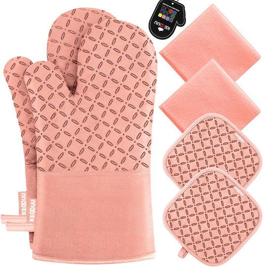 KEGOUU Oven Mitts and Pot Holders 6pcs Set, Kitchen Oven Glove High Heat Resistant 500 Degree Extra Long Oven Mitts and Potholder with Non-Slip Silicone Surface for Cooking (Pink)