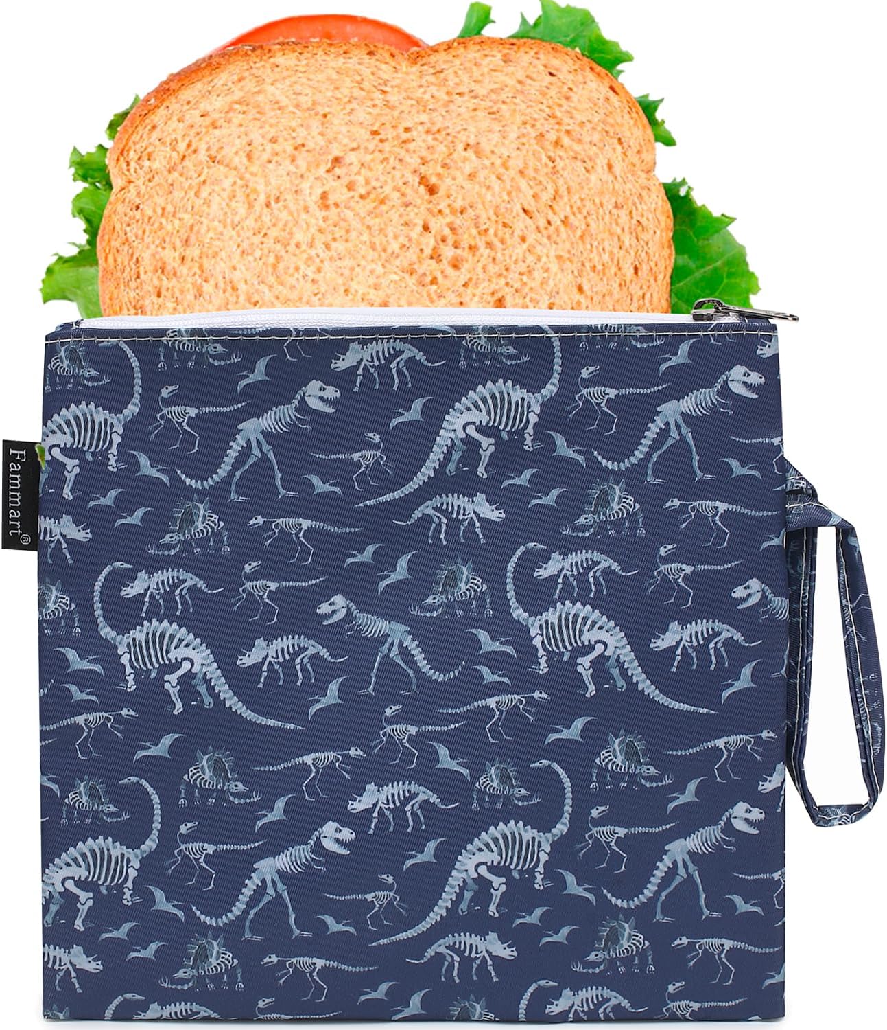 Reusable Sandwich Bag/Snack Bag for Kids & Adults, Dual Layer Lunch Bag with Handle, Washable, Food Safe, BPA Free (1-Pack, Dinosaur Fossil)