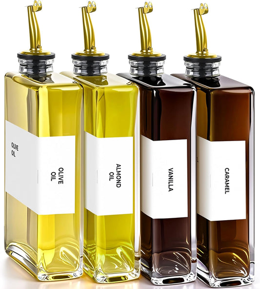 Olive Oil Dispenser Bottle - Includes 44 Kitchen Essential Labels - Cooking Oil Bottles for Kitchen, Coffee Syrup Dispenser - Pourer Spout with 11.8 fl oz Glass Container Cruet - 4pcs, Gold