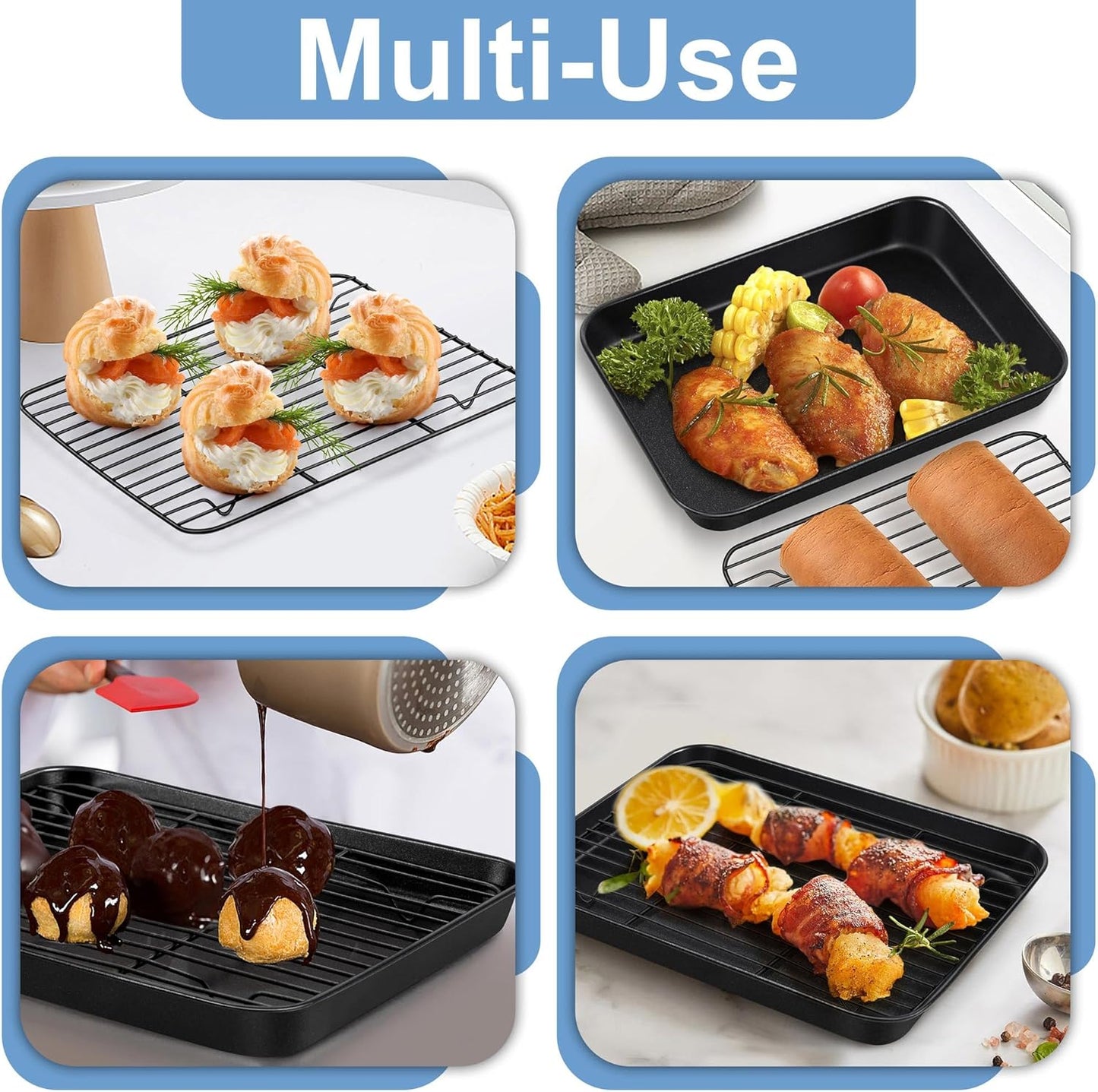 TeamFar Toaster Oven Pans with Racks Set, 9.25 x 7 x 1 Inch Carbon Steel Mini Baking Pan Tray with Rack for Roasting Cooling, Non-Toxic & Heavy Duty, Nonstick & Easy Clean, (2 Pans & 2 Racks)