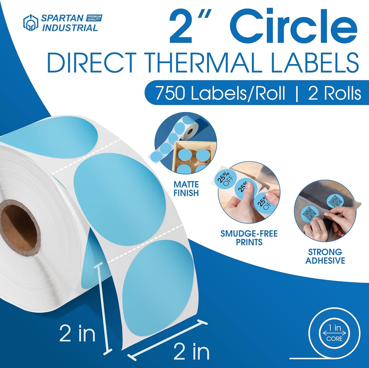 Spartan Industrial 2" Round Direct Thermal Blue Labels | Perforated Custom Circle Logo Stickers - Works with Rollo, Zebra, MUNBYN Desktop Printers - 2 Rolls, 750/Roll