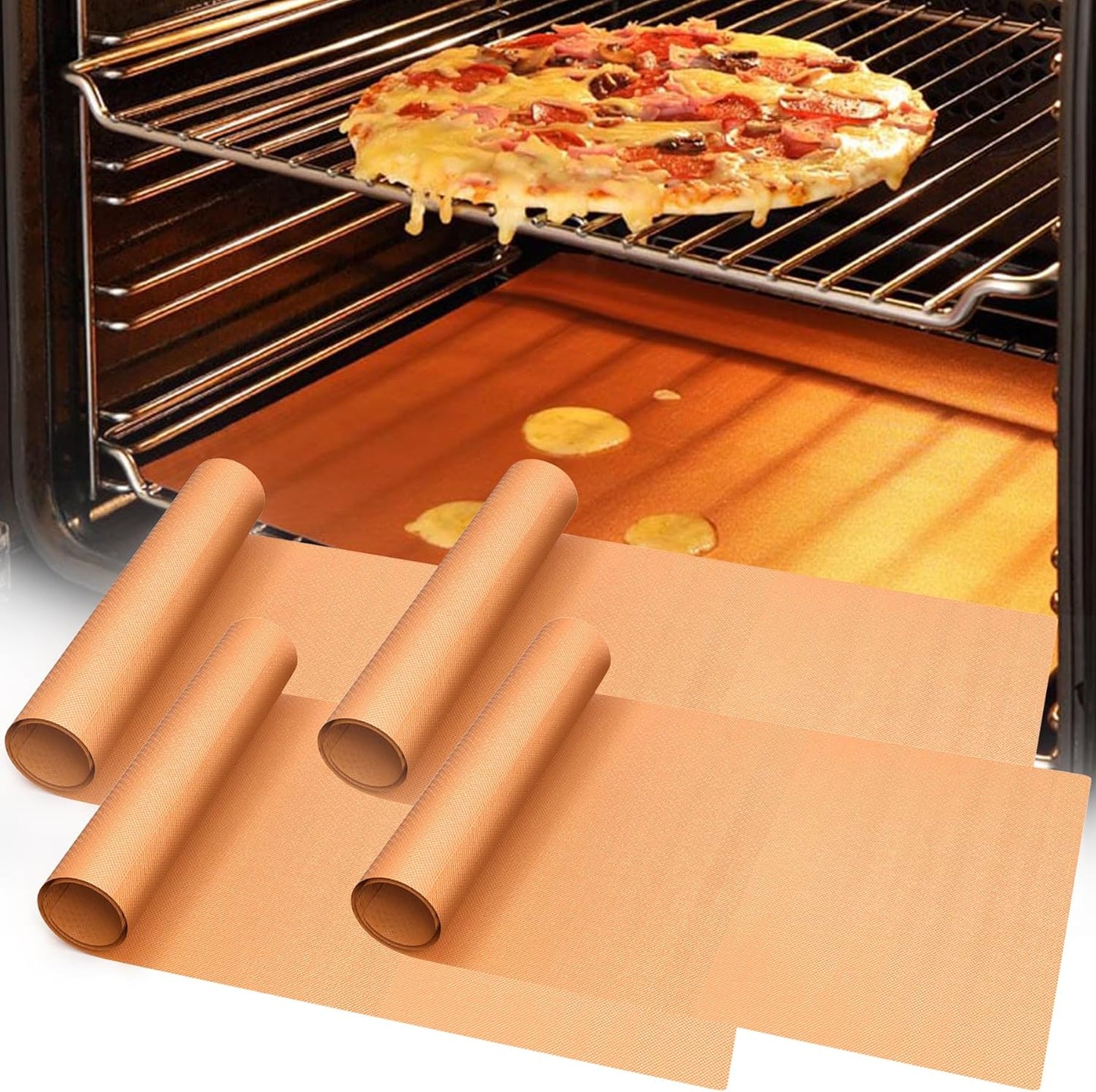 UBeesize 4 Pack Thickened Copper Oven Liners for Bottom of Oven BPA & PFOA Free, Reusable 16x24 Inch Heavy Duty Non Stick Teflon Oven Mats, Fit Electric Gas Toaster Convection Microwave Ovens Grills