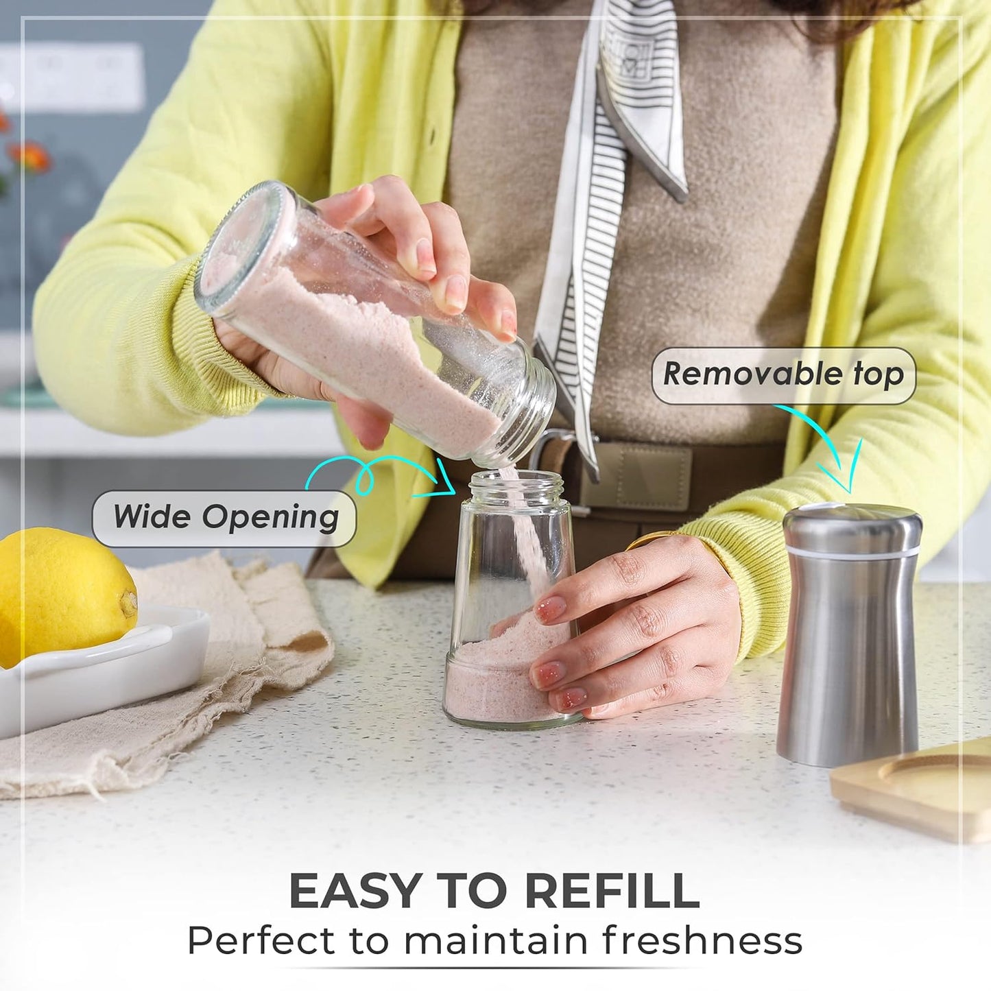 Salt Shaker or Pepper Shaker with Adjustable Pour Holes - Elegant Stainless Steel Spice Dispenser - Perfect for Himalayan, Table Salt, White and Black Pepper (Salt Shaker)