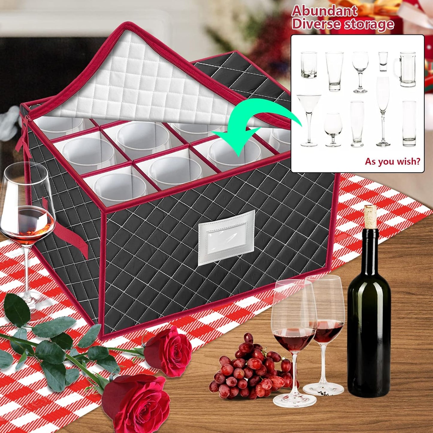 VERONLY Christmas Stemware Storage Cases with Dividers- Holds 24 Wine Glass Storage or Crystal Glassware Containers, China Storage Containers with 2 Handles and Lable Window -Set of 2 Black