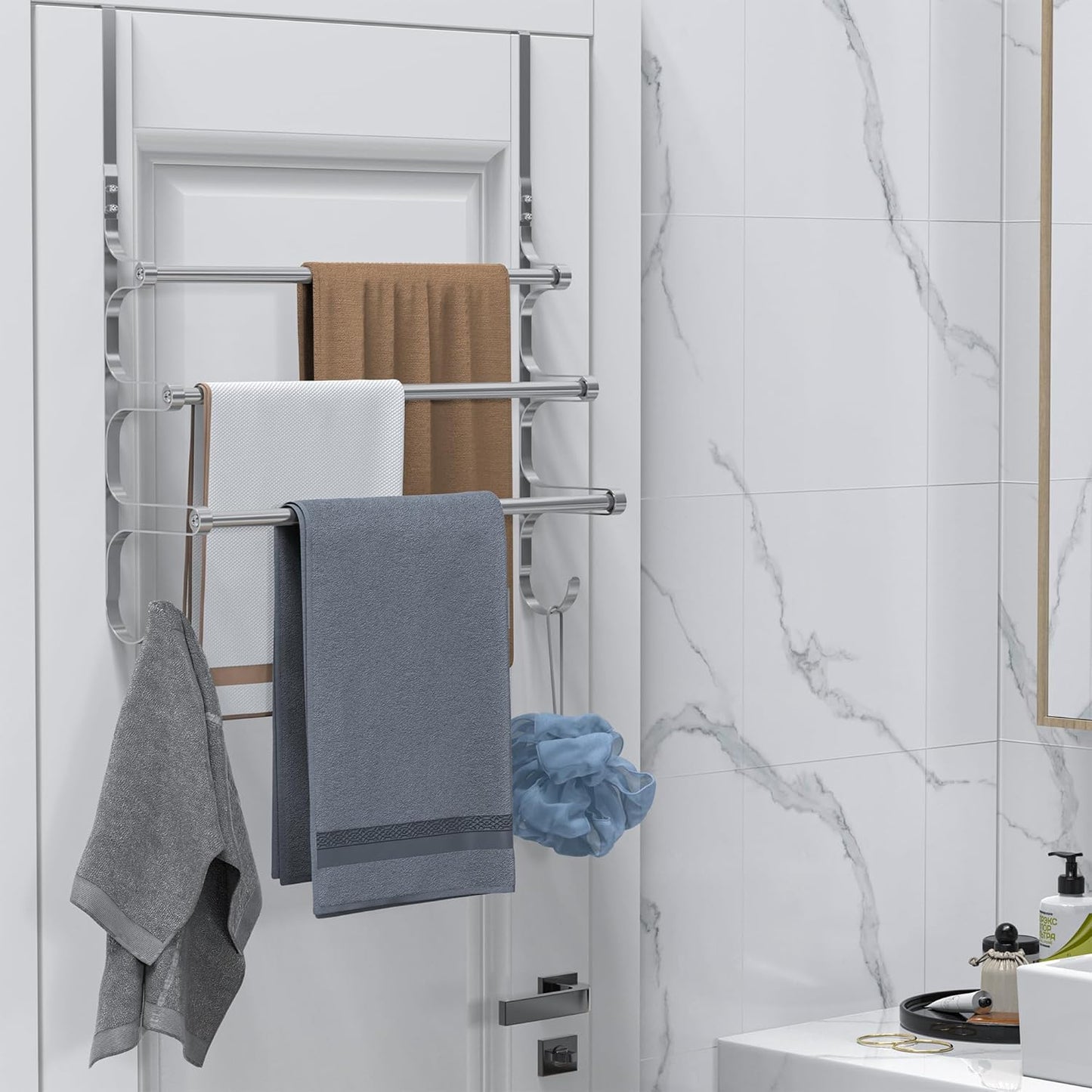Over The Door Towel Rack, Over Door Towel Rack for Bathroom Door, Triple Towel Storage Holder with Hooks (Silver Gray, 17.32" L)