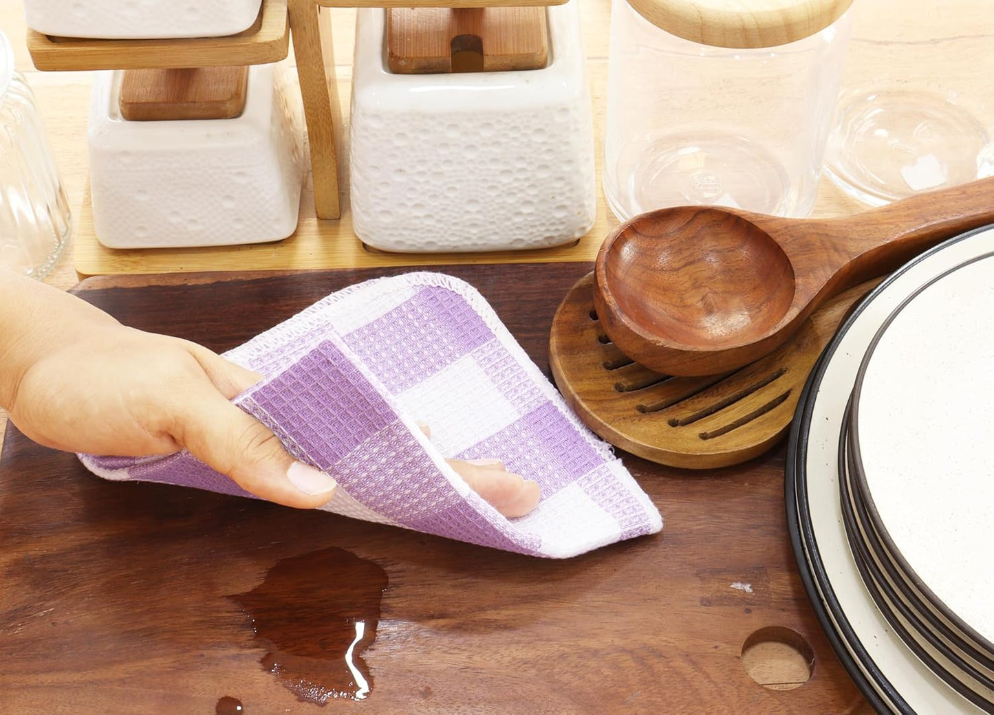 Waffle Weave Plaid Dish Cloths, 100% Cotton - 12 x 12 Inches, Ultra Soft Absorbent Quick Drying Dish Towels Buffalo Check Dish Rags for Kitchen, 8 Pack - Spring Summer - Lavender & White