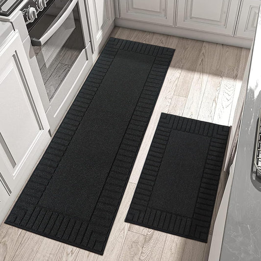 BEQHAUSE-Kitchen-Rugs-and-Mats,2 PCS Non Slip Kitchen Floor Mat,Absorbent Kitchen Rug Sets Machine Washable Kitchen Runner Rug Black Kitchen Mat 24x35inch/24x60inch