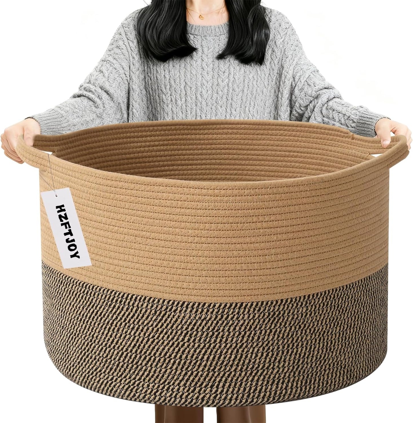 Large Blanket Basket for Organizing,65L Closet Organizers and Storage Bins Box for Shelves Woven Rope Storage Baskets,Living Room,Bedroom,Dorm,Laundry room (Jute&Black)