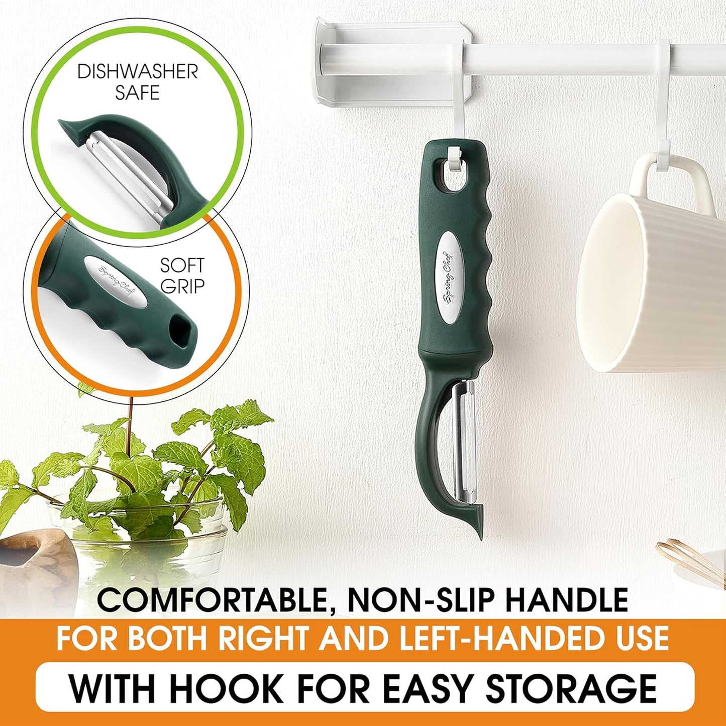 Spring Chef Premium Swivel Vegetable Peelers for Kitchen, Stainless Steel Apple Peelers with Soft Grip Handle and Sharp Blades, Perfect for Potato, Carrot, Mango, Cucumber - Set of 2 - Pine Green