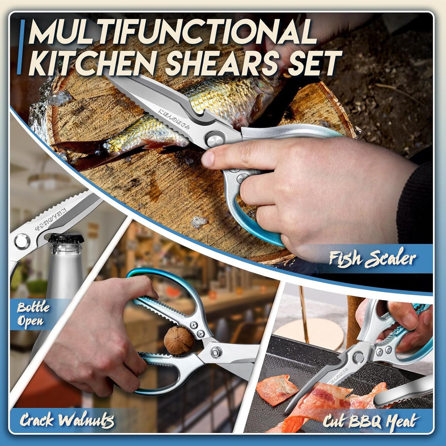 TIJERAS Kitchen Scissors Set Blue - Stainless Steel Kitchen Shear, Sharp Meat Scissors Dishwasher Safe, Heavy Duty Poultry Shears, Japanese Cooking Scissor for Food, Chicken Bones, and Turkey