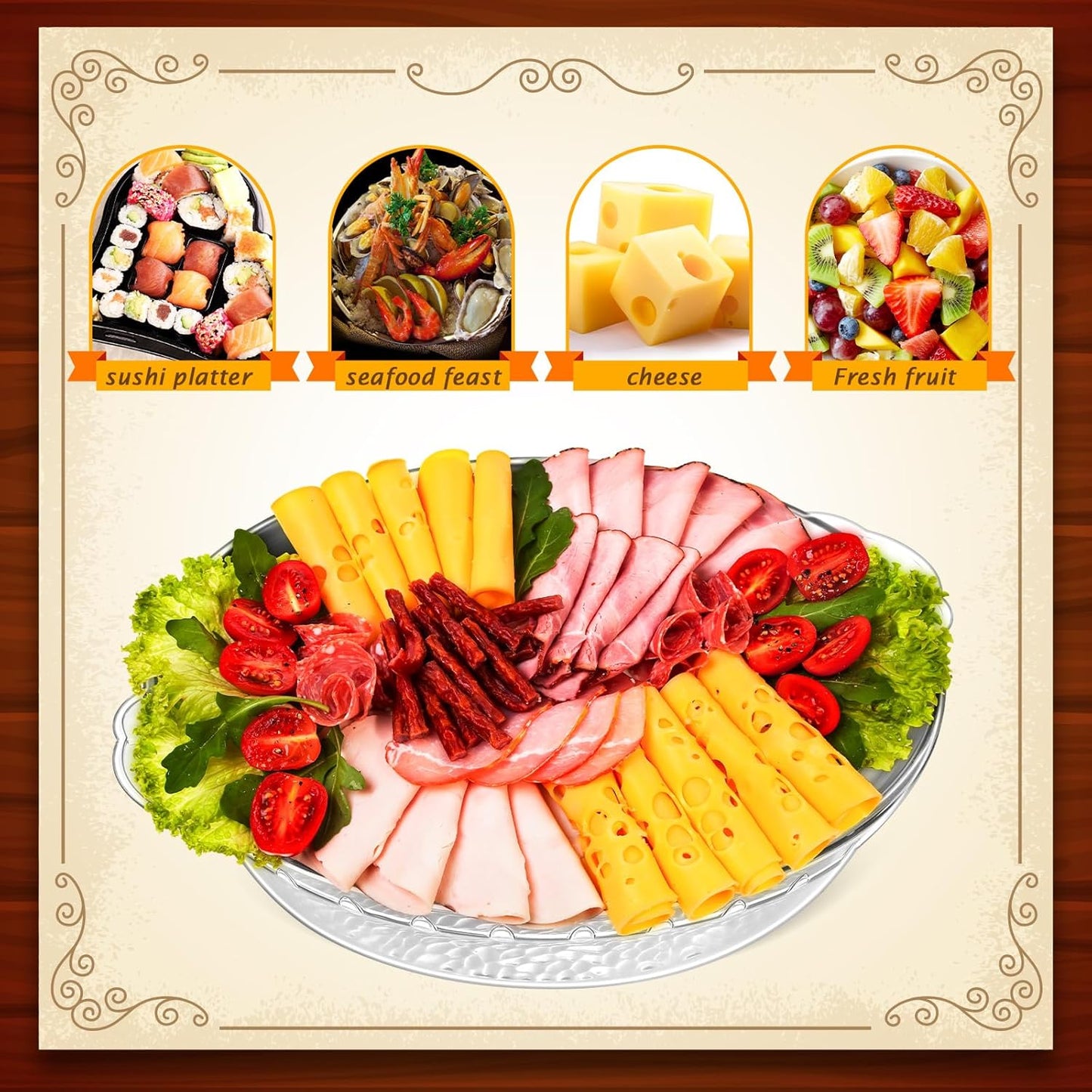 Baderke 9 Set 11.8" Chilled Serving Tray for Parties with Compartments Ice Chilled Party Platter Charcuterie Serving Board Cold Dish Dip for Fruit Seafood Vegetable Shrimp Cocktail (Natural)