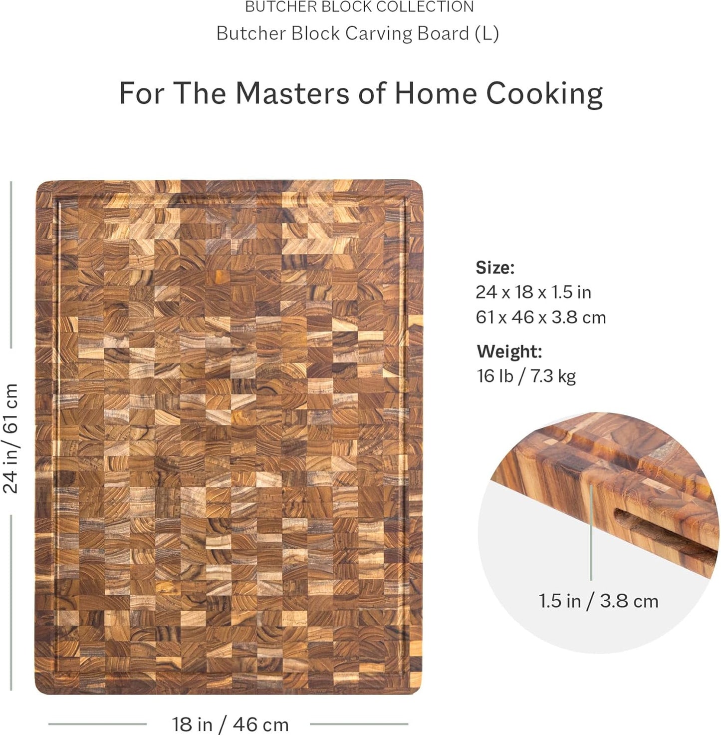 Teakhaus Butcher Block Carving Board - Extra Large Reversible Wooden Cutting Board with Juice Groove and Grip Handles - Teak End Grain Wood - Knife Friendly - FSC Certified