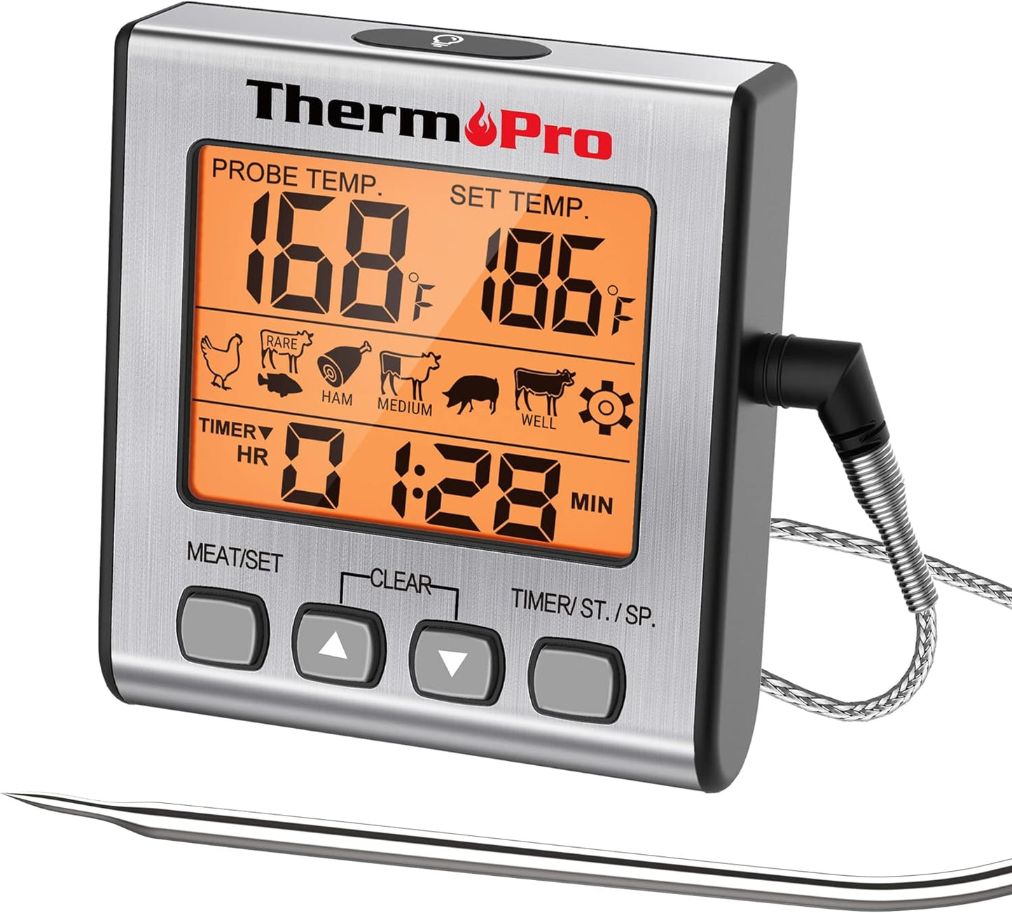 ThermoPro TP16S Digital Meat Thermometer for Cooking and Grilling, BBQ Food Thermometer with Backlight and Kitchen Timer, Grill Temperature Probe Thermometer for Smoker, Barbecue, Oven, Baking,Oil