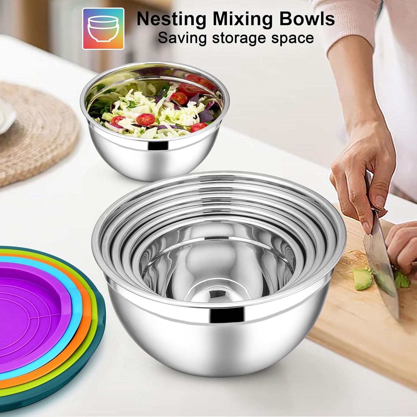 E-far Mixing Bowls with Lids Set, 7-Piece Stainless Steel Mixing Bowls with 3 Grater Attachments, Size 4.6, 3.5, 2.6, 2, 1.5, 1, 0.7QT, Nesting Design & Colorful Airtight Lid, For Baking/Prepping