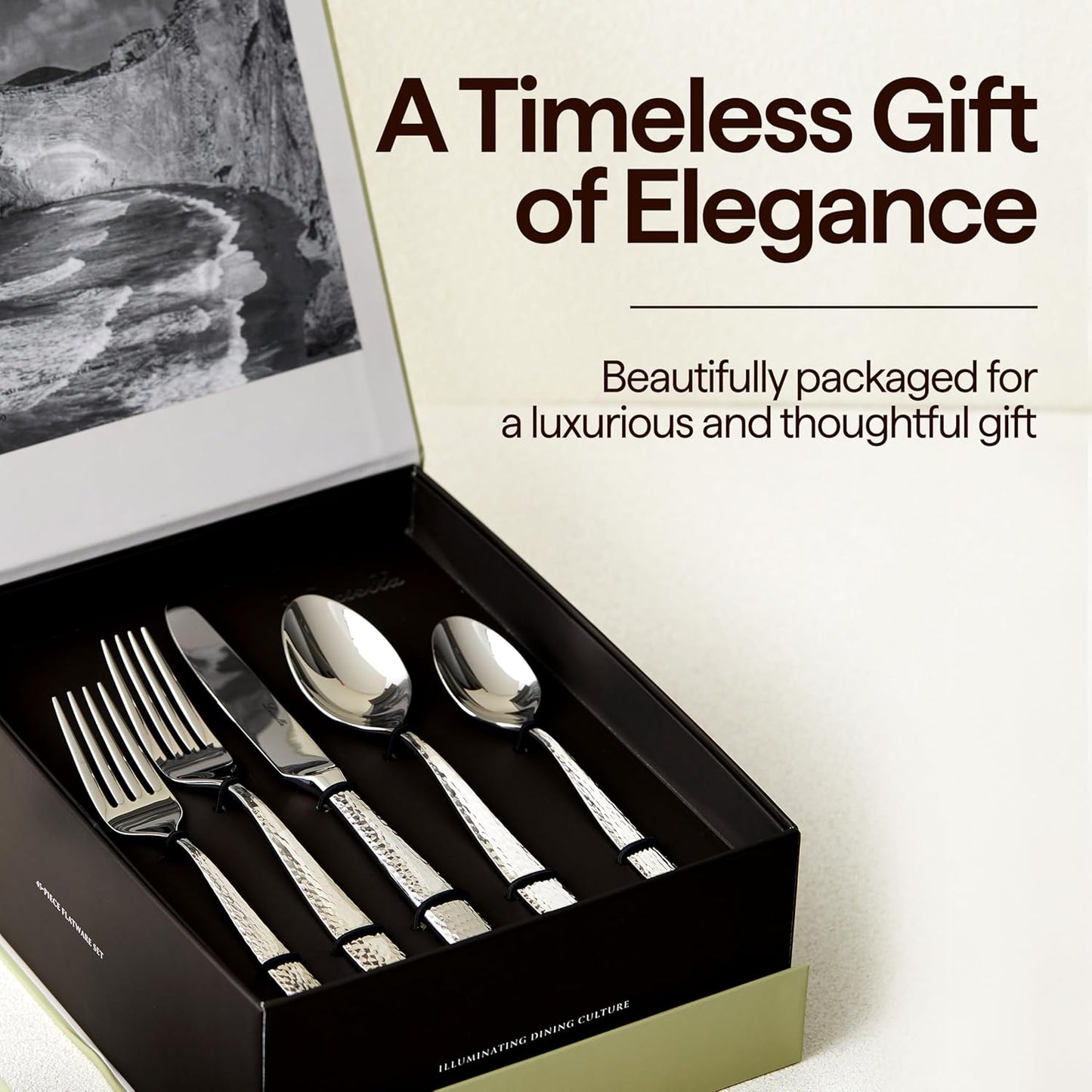 Luciella Ponza Flatware Set for 8, 45-Piece Stainless Steel Silverware Set with Serving Utensils, Timeless Hammered Design, Rust-Resistant, Mirror Polished & Dishwasher Safe
