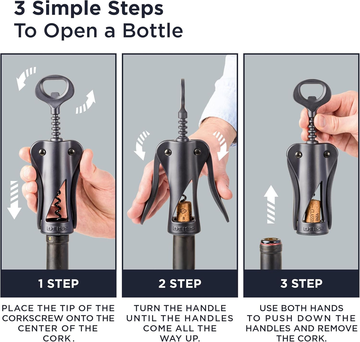 Deiss LUX Wine Opener, All-Metal Wing Corkscrew Wine Bottle Opener with Built-in Beer Bottle Opener - Ergonomic Cork Screw Wine Corker, Silver Matte Coating, Velvet Storage Pouch (BLACK)