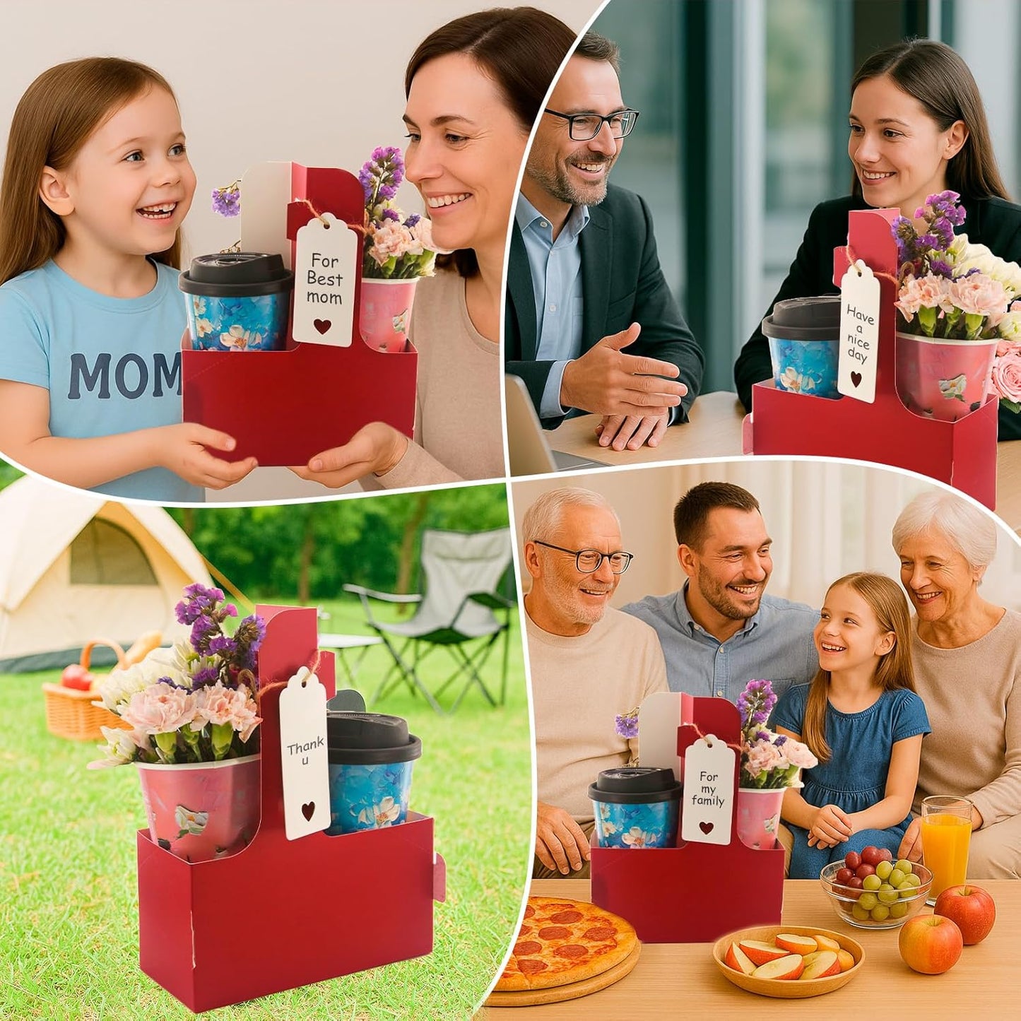 10 Pack 2 Cup Disposable Drink Carrier with Handle Paperboard Coffee Cup Holder Portable for Hot Cold Drinks Food Delivery Services with Heart Card for Teacher Appreciation Week Mother's Day