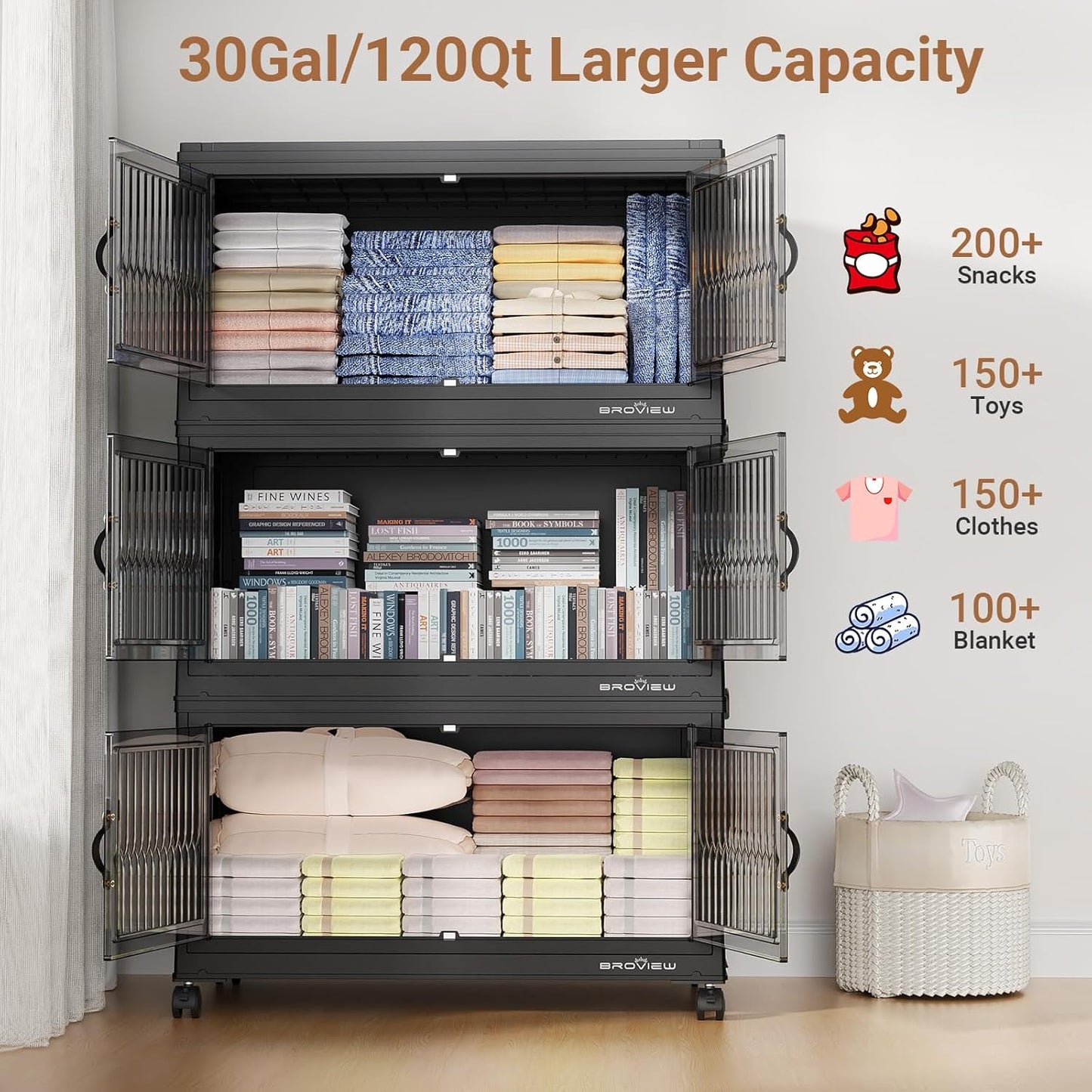 600Qt Stackable Storage Bins with 5 Lids, Extra Large Closet Organizer Collapsible Drawer Boxes with Wheels, Folding Plastic Cabinet Containers for Home Kitchen Room Organization, 5Pack Black