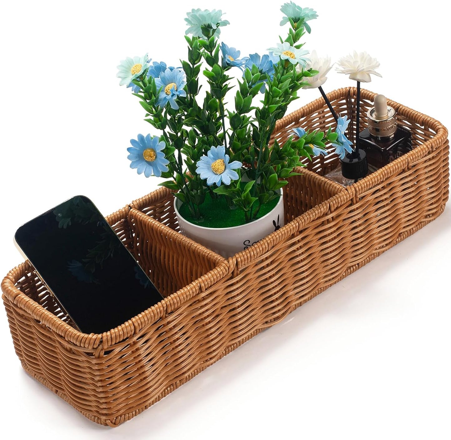 Toilet Tank Basket, Toilet Basket Tank Topper, Imitation Rattan Basket, Woven Basket, Bathroom Storage Basket for Organizing and Decor (16.5 x 5.5 x 3.5 inch)