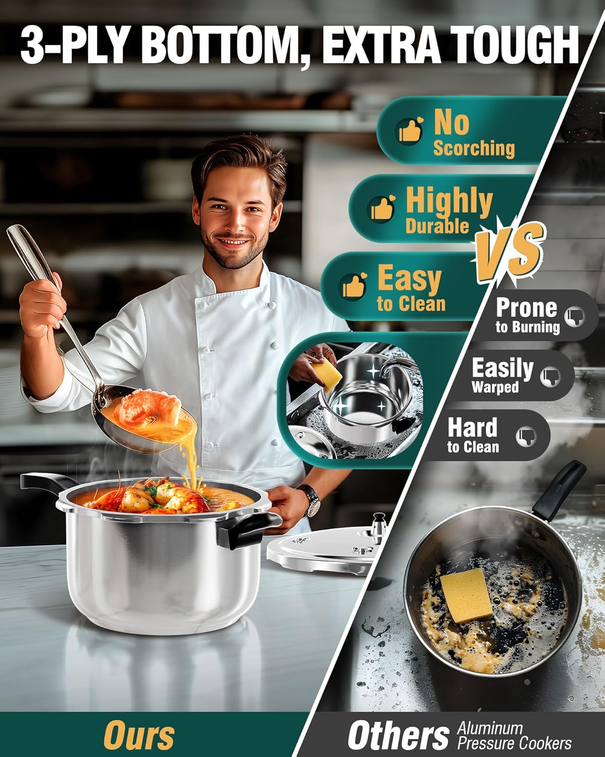 WantJoin Stainless Steel Pressure Cooker(Non-Aluminum),11 Quart Induction Compatible Pressure Cooker with Spring Valve Safeguard Devices,Compatible with Gas & Induction Cooker