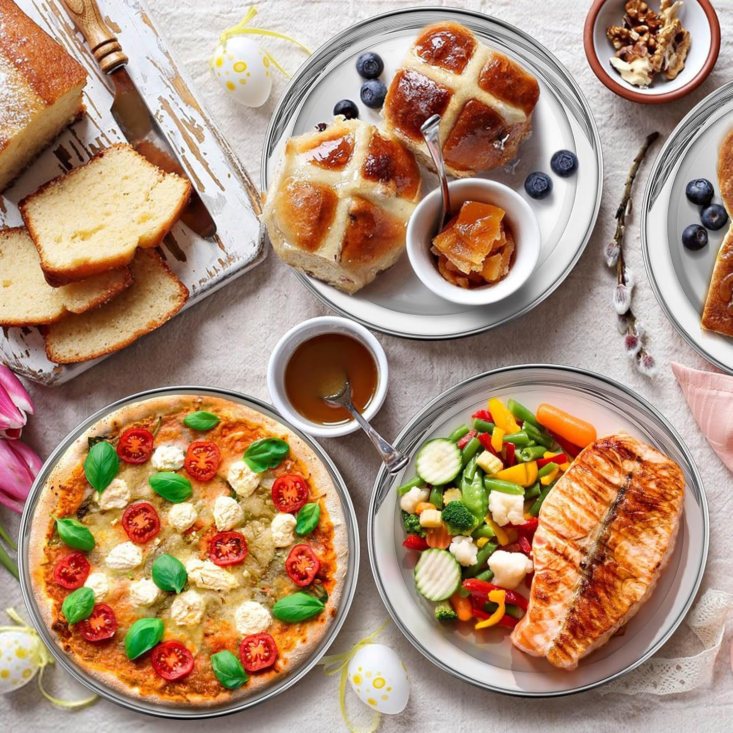 P&P CHEF 10 Inch Pizza Pan, Stainless Steel Round Pizza Tray Baking Pans, Pizzas Plate Serving Tray for Cookie Meat, Oven & Dishwasher Safe & Easy Cleaning, (Mirror Finish) - 4 Pieces