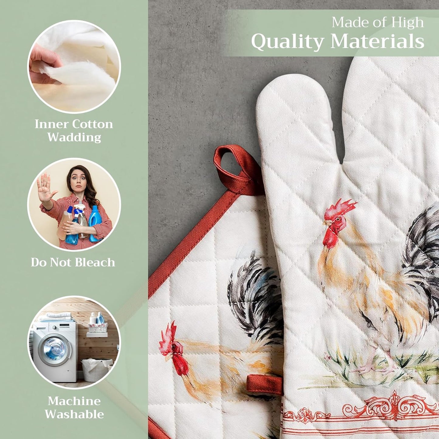 Maison d' Hermine 100% Cotton Oven Mitt & Pot Holder Set (7.5"x13" & 8"x8") Heat Resistant BBQ Cooking Gloves with Loop, Baking, Grilling, Kitchen, Handling Hot Pans Spring/Summer (Campagne)