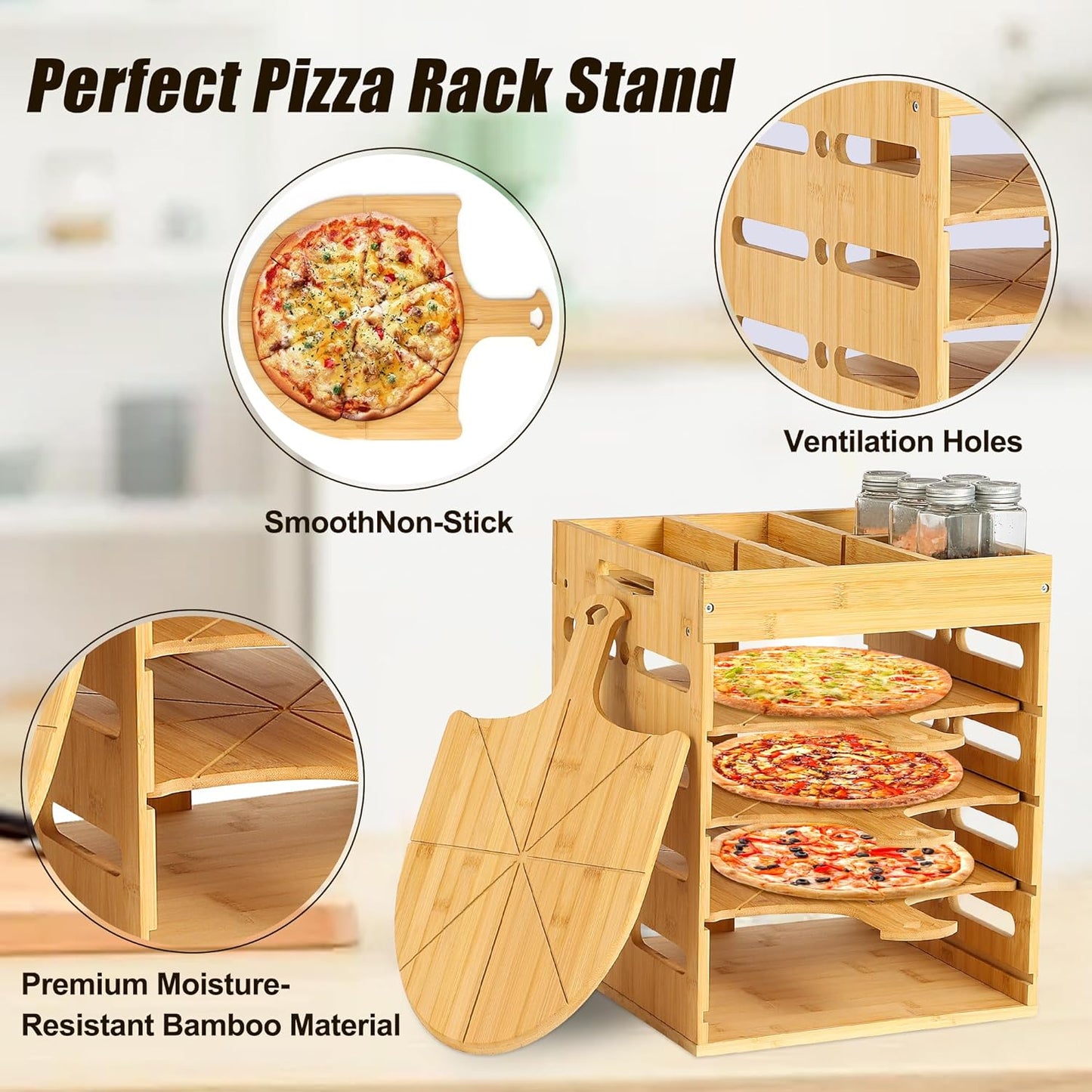 Pizza Peel Rack Stand Wooden, 4 Pack of 12 Inch Pizza Peels Wood Non-Stick, Pizza Peel Rack Holder with Top Storage Free Container Divider, Cutting Grooves for Easy Pizza and Bread Making
