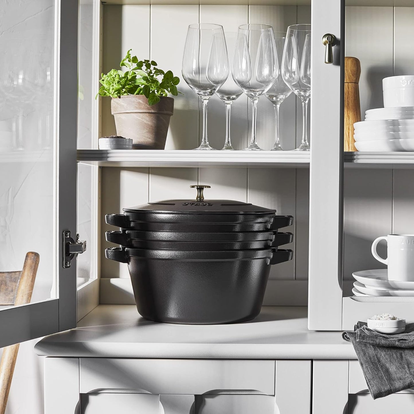 STAUB Cast Iron Set 4-pc, Stackable Space-Saving Cookware Set, Dutch Oven, Skillet, Grill Pan with Universal Lid, Made in France, Matte Black