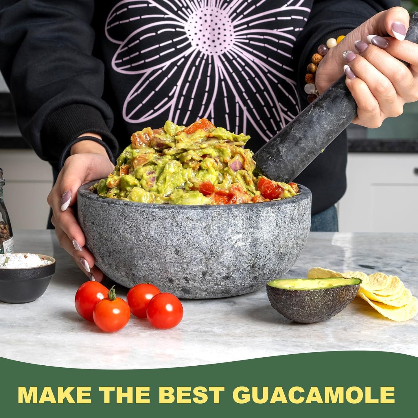 Koville Natural Granite Mortar and Pestle Set, 8" Extra Large Grinder Bowl for Guacamole, Salsa, Pill Crusher, Spice, Herb, Garlic, Nut, Heavy Duty Grinder for Kitchen Sand-Blasted Finish