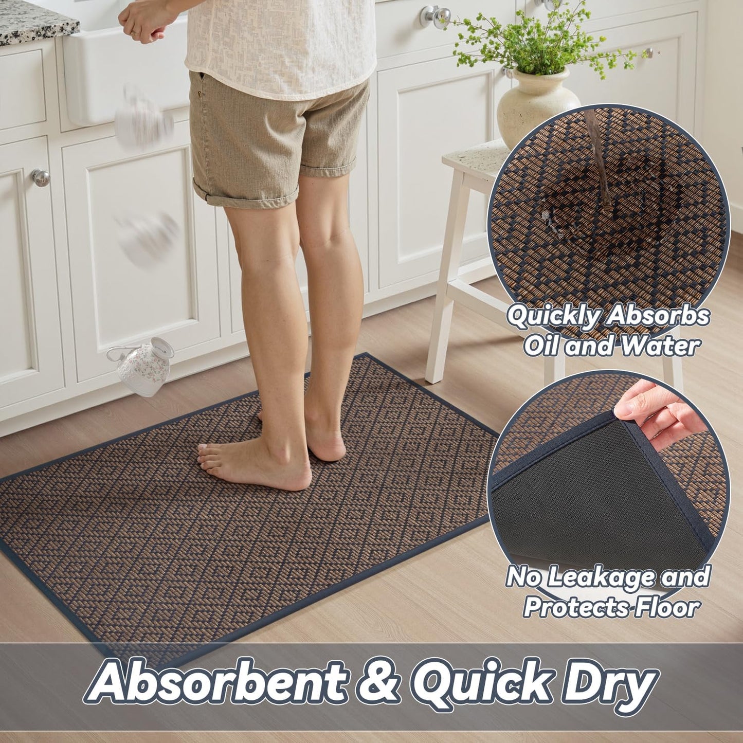 PADOOR Kitchen Floor Mat, Rubber Backed Kitchen Rugs Non Slip Washable, Super Absorbent Kitchen Mats for Floor Front of Sink, 20"x32" Blue