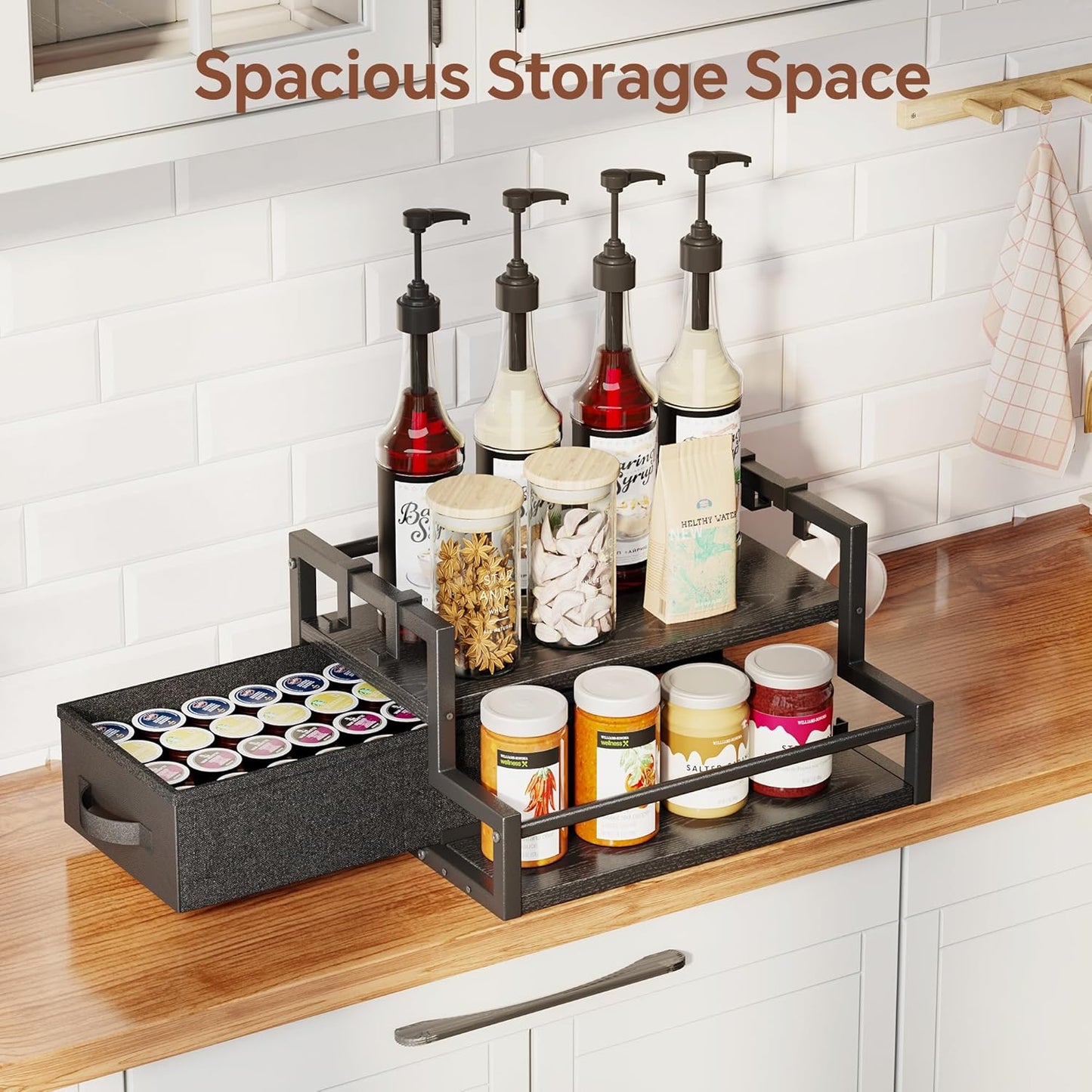 Homeiju Coffee Syrup Organizer Rack, 2-Tier Bottle Coffee Bar Accessories, Holder Stand with K Cup Storage Drawer for Coffee bar, Wine Rack, Storage Shelves for Syrup. (Black)