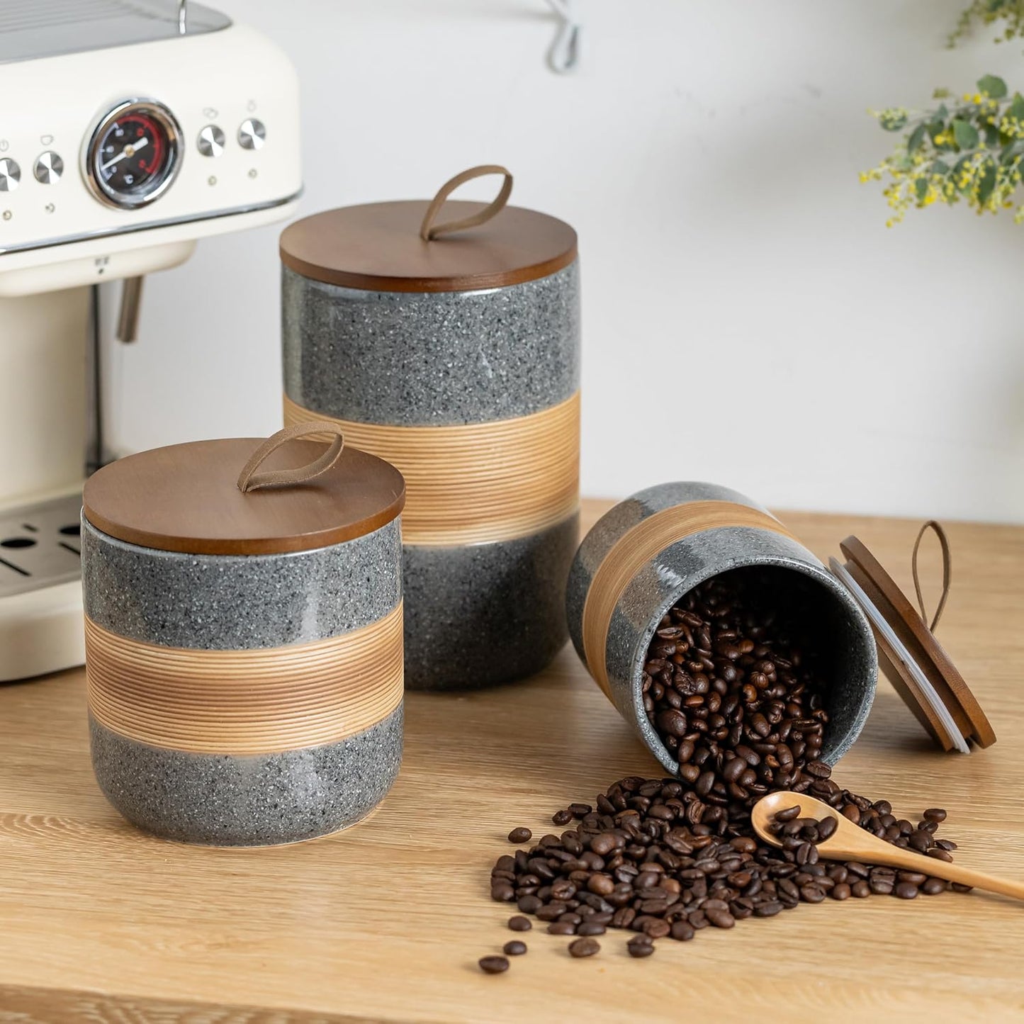 Airtight Coffee Storage Container Jar with Lid, Ceramic Kitchen Food Storage Jars for Spice Sugar Cookie, Coffee Bean Stackable Decorative Jars for Housewarming, Grey & 28 fl.oz