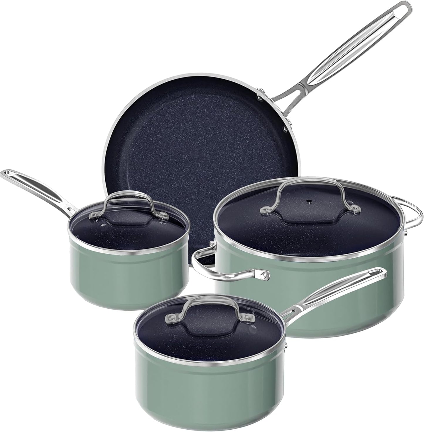 Nuwave 7pc Cookware Set Healthy Duralon Blue Ceramic Nonstick Coated, Diamond Infused Scratch-Resistant, PFAS Free, Oven Safe, Induction Ready & Evenly Heats, Tempered Glass Lids & Stay-Cool Handle