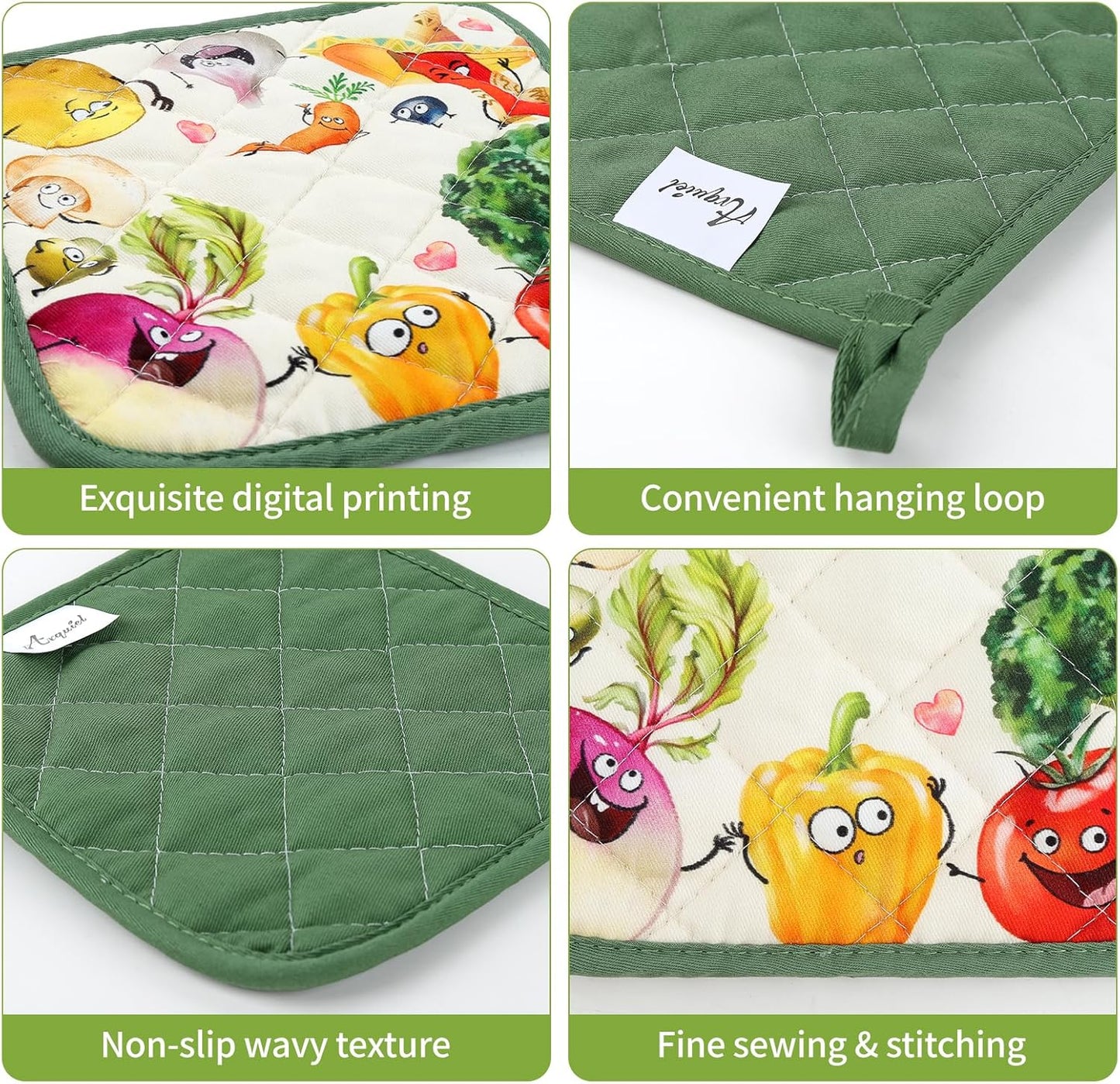 Vegetables Oven Mitts and Pot Holders Sets 4Pcs, 100% Cotton Heat Resistant, Extra Long Oven Gloves Potholder for Kitchen Cooking Baking Decoration