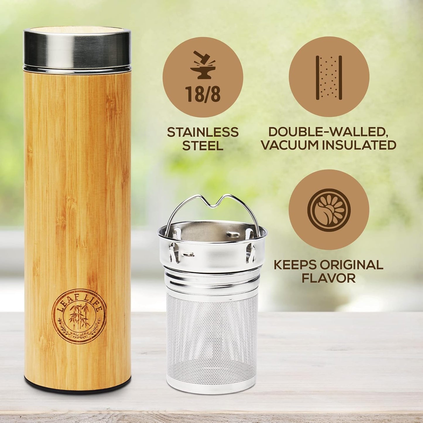LeafLife Premium Bamboo Tea Bottle for Loose Tea - Tea Infuser Bottle - Tea Gifts - Insulated Water Bottle/Coffee Tumbler/Tea - Tea Gift Set, Tea Accessories - Tea Tumbler 22oz