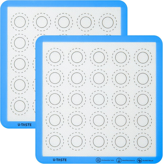 446ºF Heat Resistant Macaron Mat: U-Taste 11x11in Non Stick Silicone Baking Mat, Reusable Cookies Pastry Sheet Liner with Edge Enhancement & Circle Measurement for Square Cake Pan (2 PCS, Light Blue)