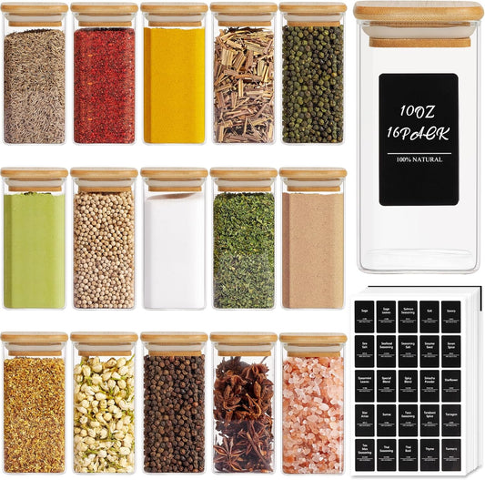 ComSaf 16Pcs Glass Spice Jars with Bamboo Lid, 10oz Airtight Square Containers with 275 Black Lables, Empty Seasoning Jars for Spice Salt Sugar
