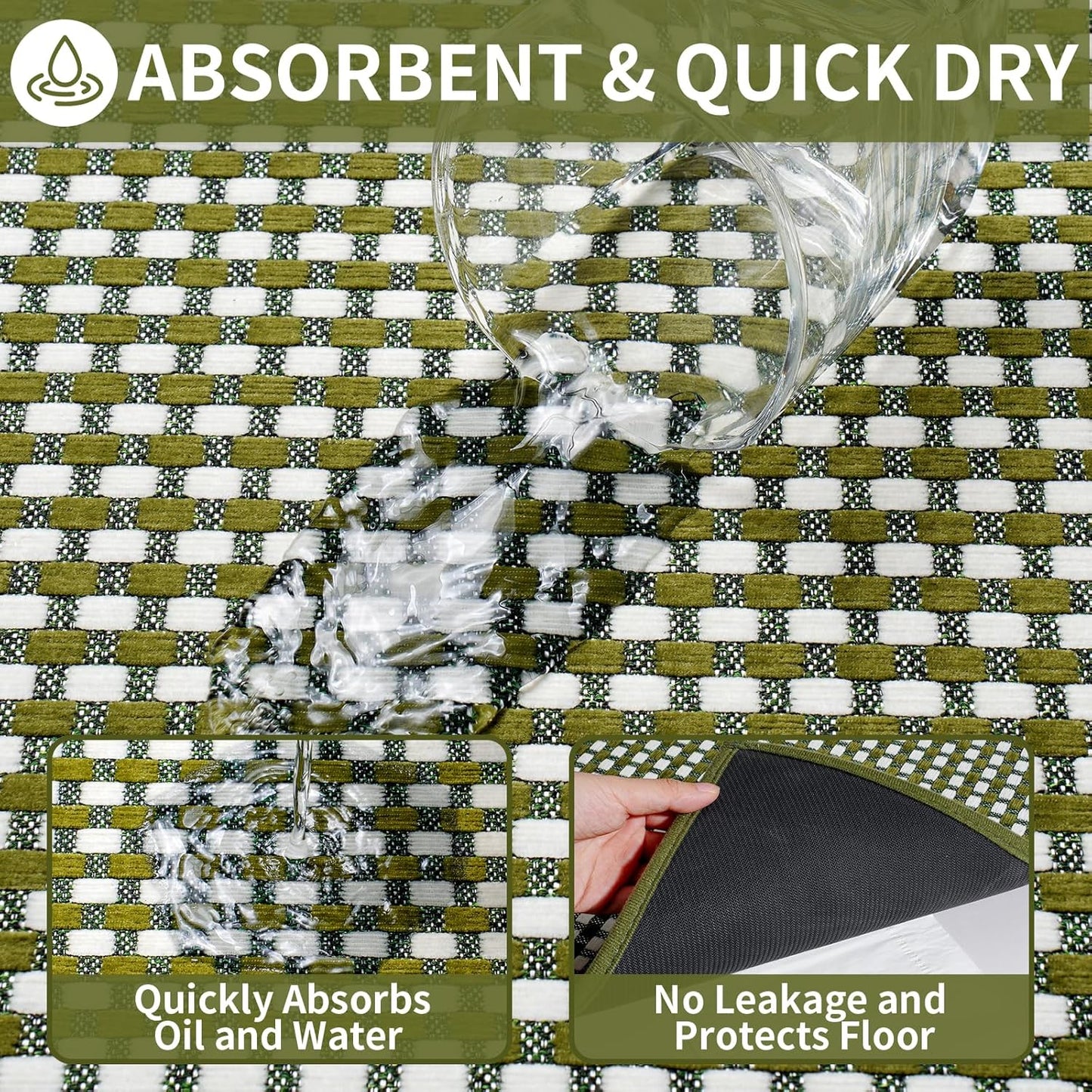 Kitchen Runner Rugs Non Slip Washable, Super Absorbent Soft Chenille Braided Kitchen Mats for Floor Rubber Backing Sink Mat Standing Hallway Floor Mat, Easy Clean, Green 17"x59"